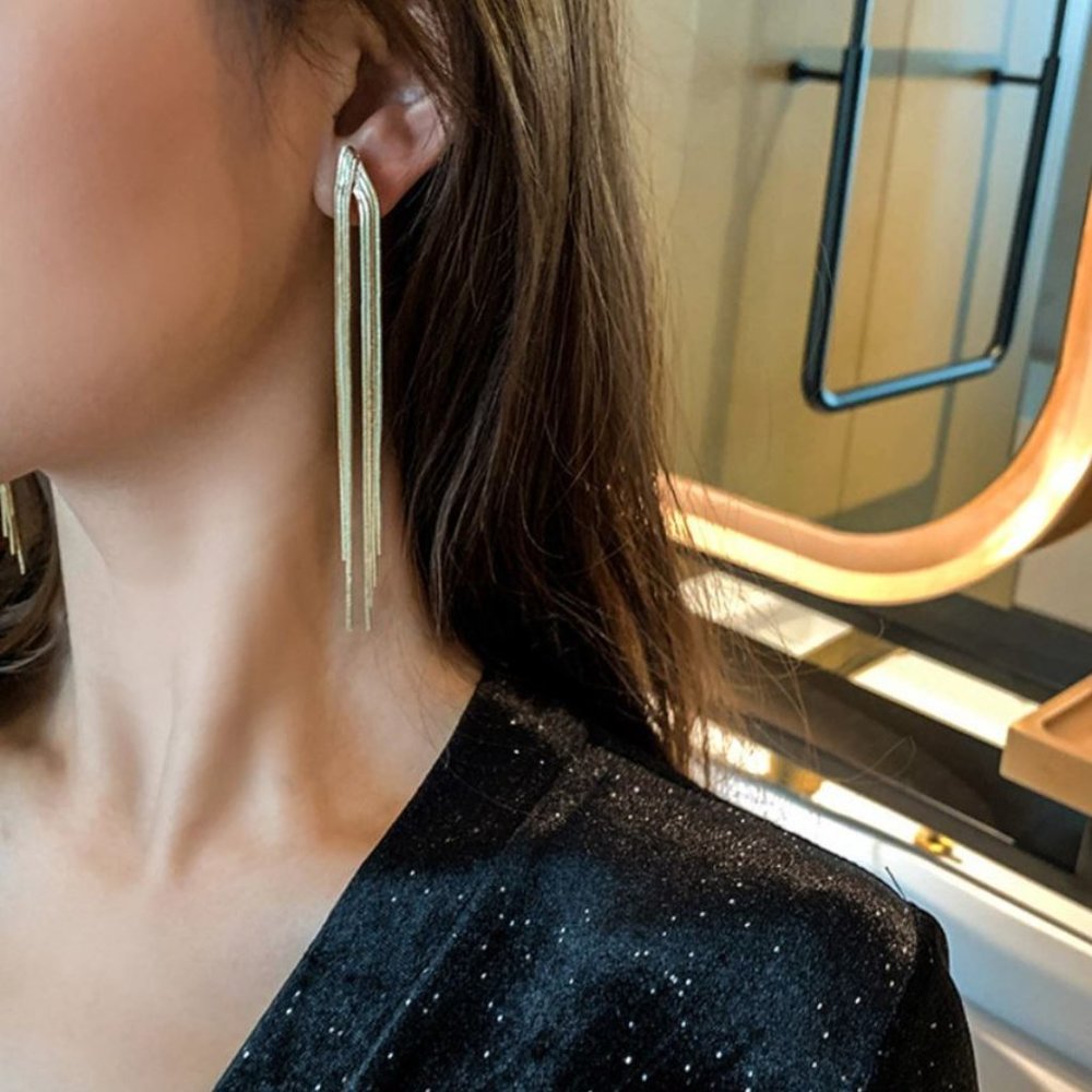 Gold Tassel Long Chain Drop Statement Earrings - Picture 2 of 4